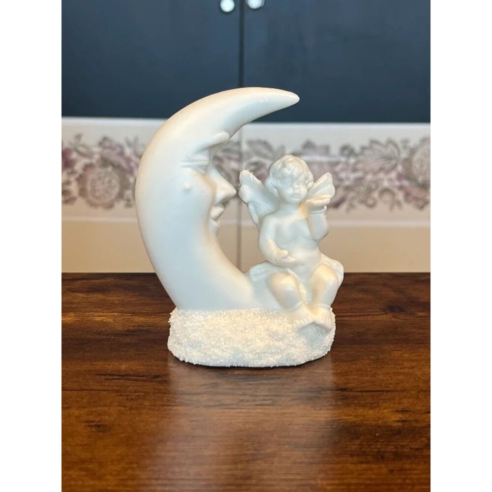 Vintage White Bisque Porcelain Cherub on Crescent Moon Figurine
